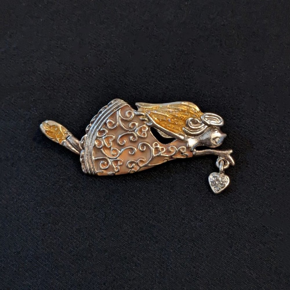 Vintage Angel Heart Enamel Rhinestone Glitter Pin Brooch Silver Tone